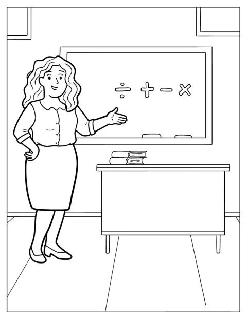 数学の先生が、黒板の隣に立っています。