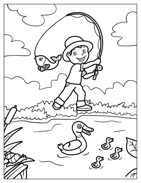 Een schattige jongen zit aan de rivier te vissen.