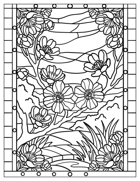 Kirsebærblomster står i full blomst i et glassmalerimønster.