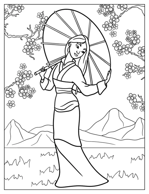 Mulan se prochází zahradou v roztomilém kresleném stylu.