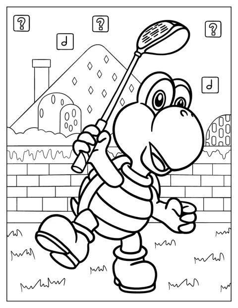 Koopa Troopa prepara-se para dar uma tacada num campo de golfe.
