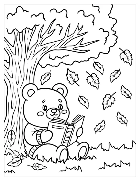 Bear Reading Under a Tree in Fall Coloring Page for Kids