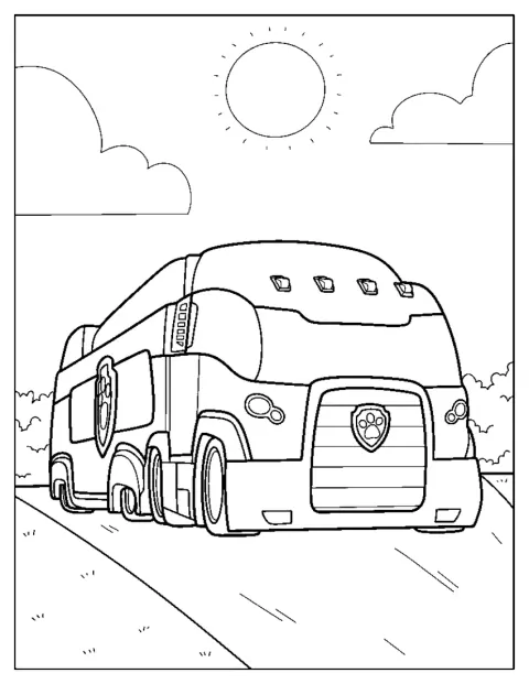 Een bus in PAW Patrol-stijl rijdt vrolijk rond.