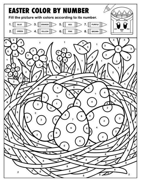 Quatro ovos às bolinhas repousam num ninho para pintar por números.