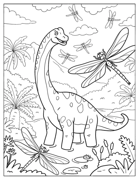 Brachiosaurus stojí mezi vážkami v tropických mokřadech.