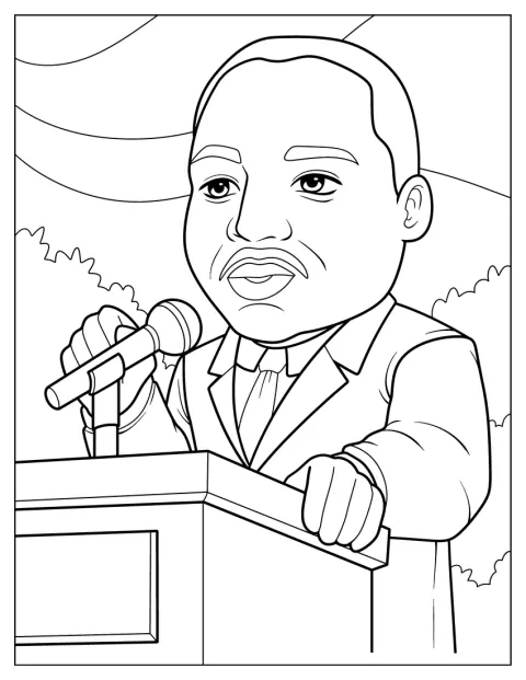 Martin Luther King Jr. spreekt als cartoon achter een katheder.