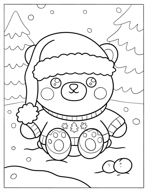 Um urso de peluche com camisola e gorro de Pai Natal está na neve.