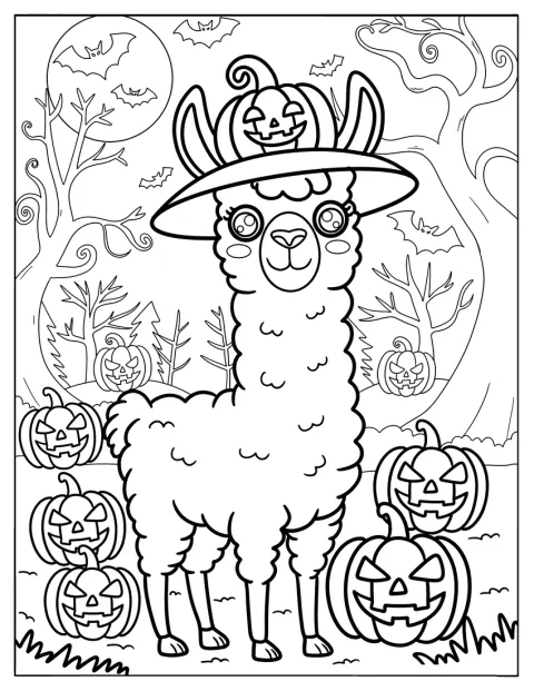 En lama bærer en hat formet som et græskar til halloween.
