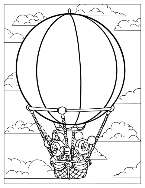 Minnie og Mickey svæver af sted i en luftballon.