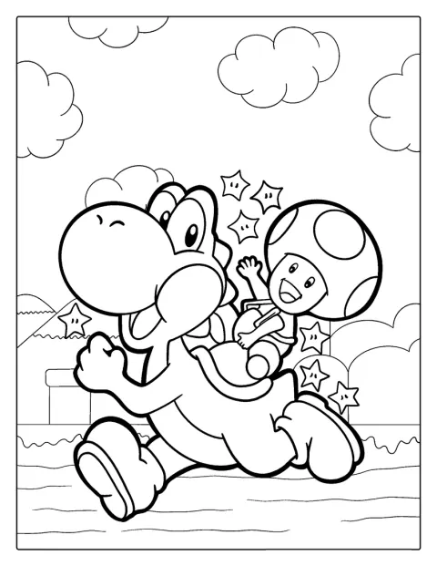 Toad Yoshi hátán ülve halad előre.