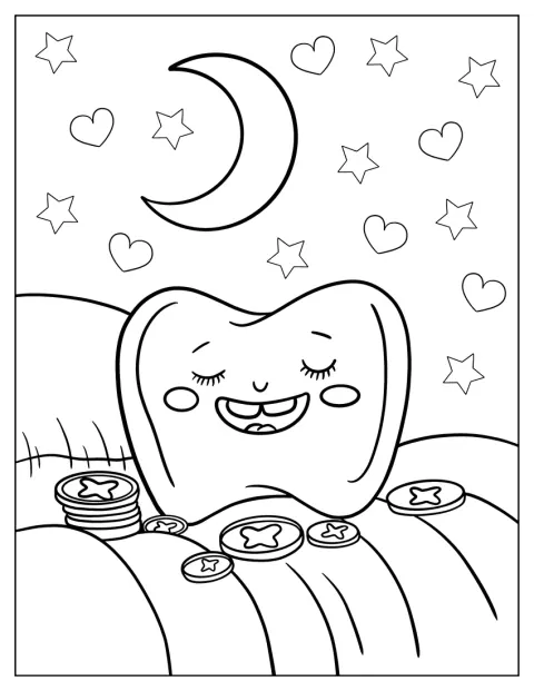 En glad tand står omgiven av guldmynt.