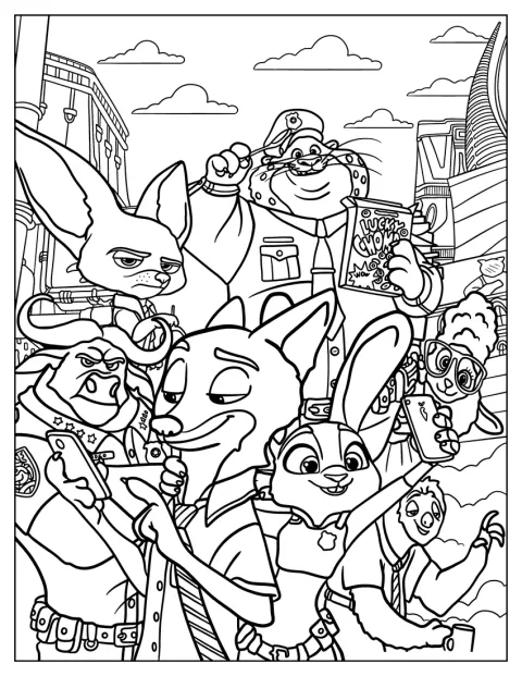 Nick, Judy, Clawhauser, Bellwether, Finnick, Flash i Chief Bogo spotykają się razem.