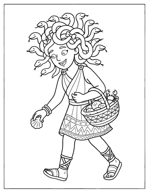 Vrolijk wandelt Medusa rond met een mand vol fruit.