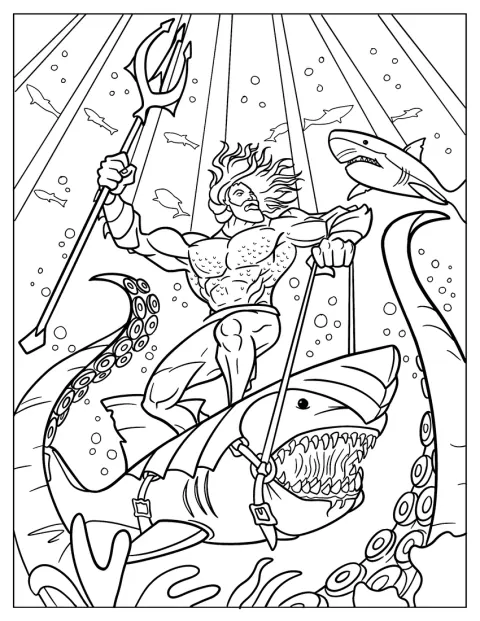 Aquaman rider gennem havet på ryggen af en haj.