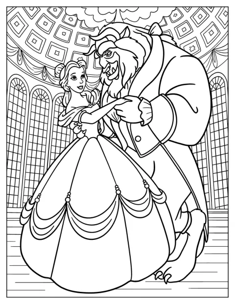 Bella y Bestia bailan juntos en un elegante salón.