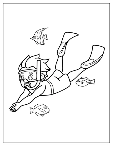 Een kleine jongen zwemt met snorkeluitrusting in het water.