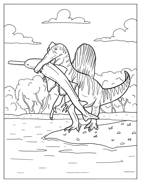 Een Spinosaurus vangt een rivierdolfijn in het water.