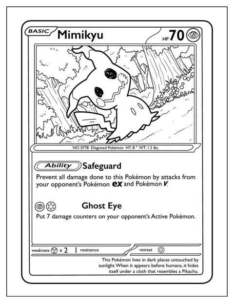 Een kaart toont Mimikyu als spook-Pokémon.