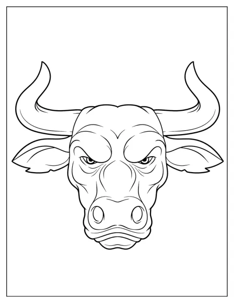 La cabeza de un toro enfadado se muestra de frente.