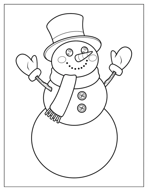 Um boneco de neve clássico acena, com cachecol e botões.