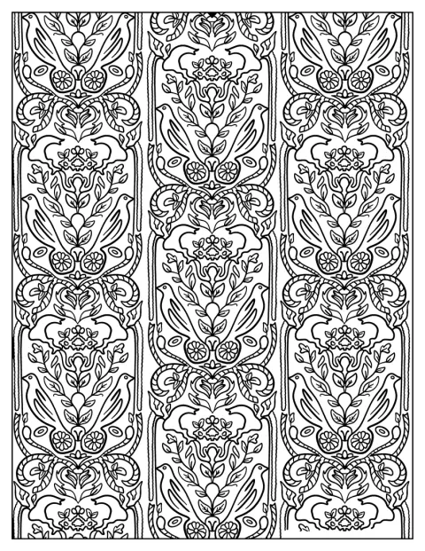 Pájaros aparecen entre elementos de la naturaleza en este diseño ornamental.