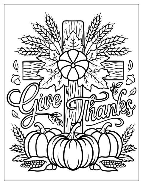 La scritta “Give Thanks” è accompagnata da una croce, spighe di grano e zucche.