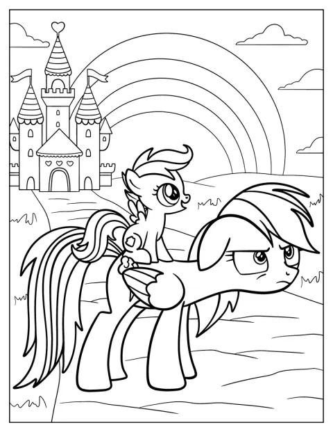 Scootaloo zit op de rug van Rainbow Dash.
