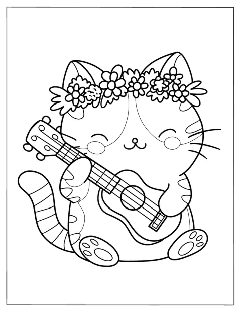 Um gato kawaii com coroa de flores toca ukulele.