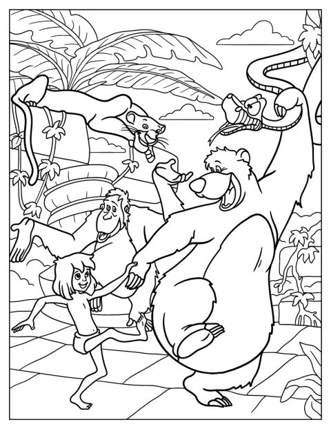 Dans la jungle, Baloo, Mowgli, Kaa, Roi Louie et Bagheera sont réunis.