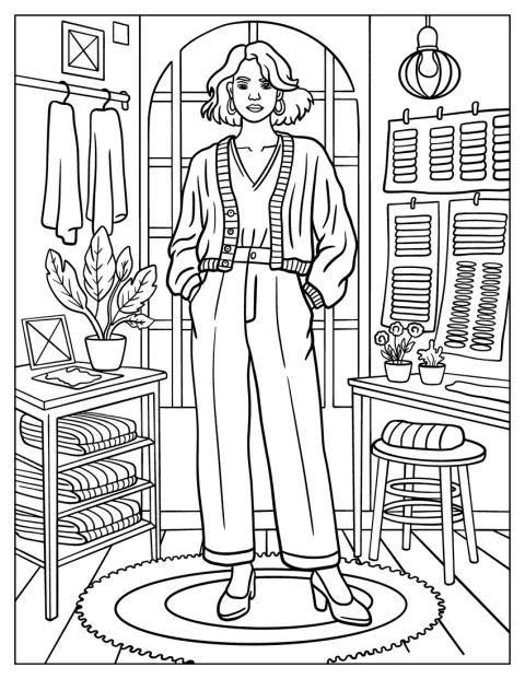 O femeie poartă pantaloni cu croială largă și un cardigan elegant.