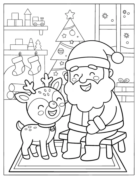Joulupukki silittää pientä Rudolph-poroa.