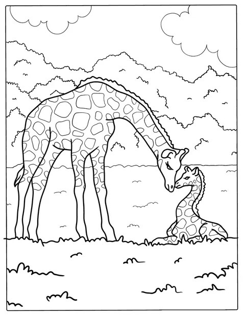 Uma girafa-mãe conforta a sua cria num cenário natural.