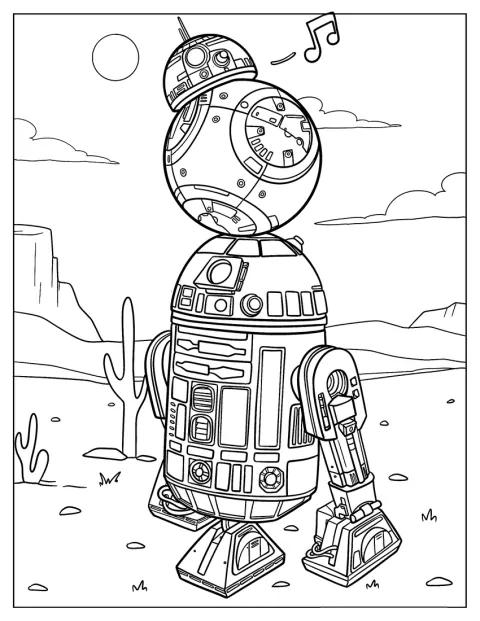 BB-8 stoi na górze R2-D2.