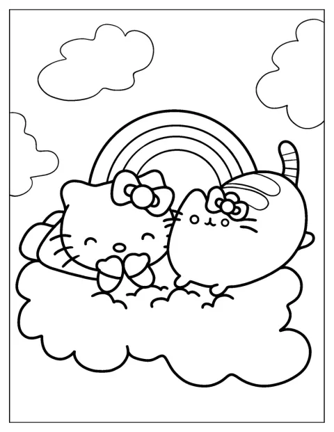 Hello Kitty și Pusheen stau împreună pe un nor.