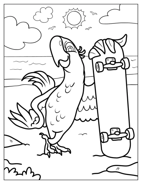 ブルーがビーチでスケートボードのそばに立っています。