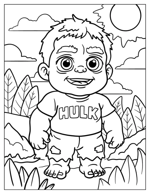 En smilende chibi-Hulk står under en strålende sol.