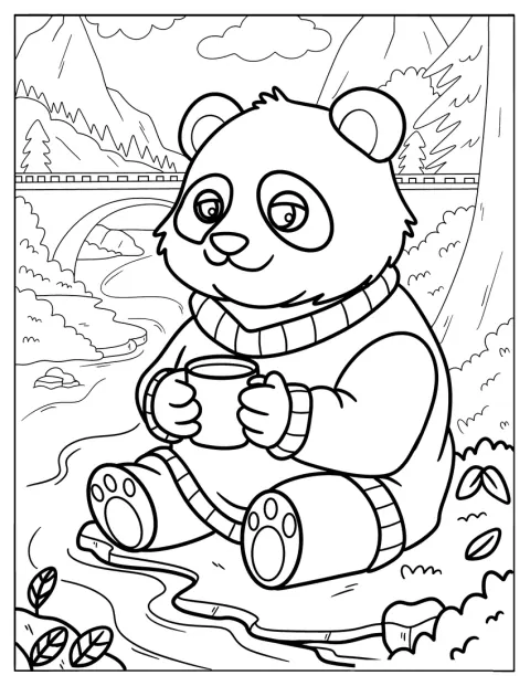 Egy pulóveres panda forró kakaót kortyolgat a folyó mellett.