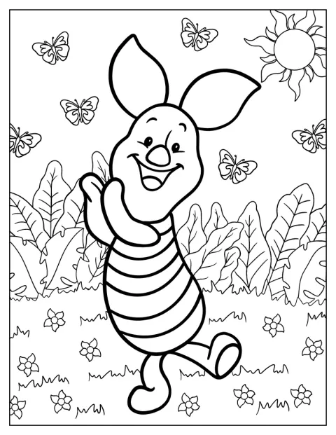 En el jardín, Piglet baila alegremente entre mariposas.