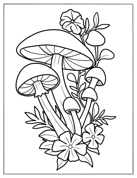 Unas setas realistas crecen junto a varias flores.