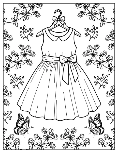 Blumen und Schmetterlinge umgeben ein ärmelloses Kleid mit großer Schleife.