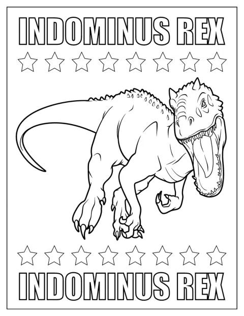 Indominus Rex rugit, dévoilant ses dents acérées.