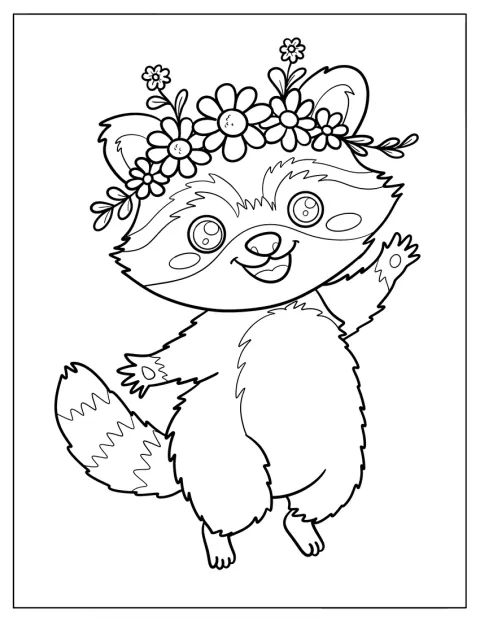 Un mapache baila con una corona de flores sobre la cabeza.