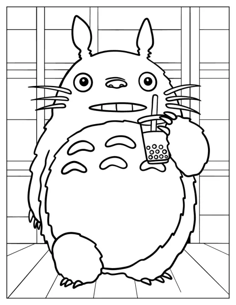 Totoro geniet van een beker bubble tea.