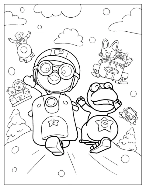 Pororo og vennerne kører i flyvende køretøjer.