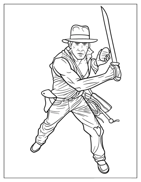 Indiana Jones sostiene un machete en la mano.