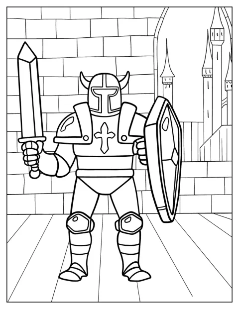 Jednoduše nakreslený rytíř stojí ve své zbroji.