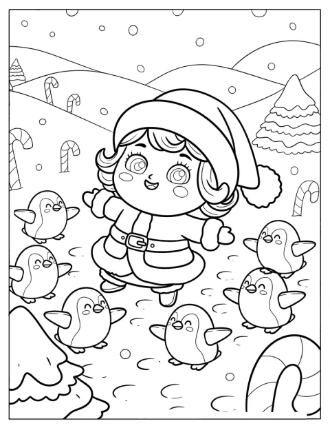 Mamá Noel baila entre la nieve junto a varios pingüinos.
