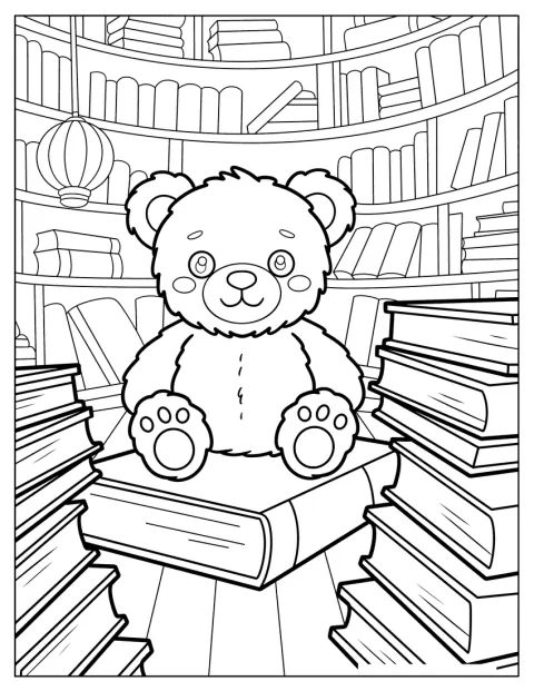 Un ursuleț roșește stând pe o carte uriașă, într-o bibliotecă.
