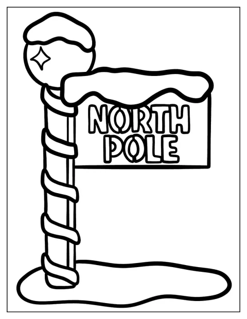 Un sencillo poste con el letrero del Polo Norte está cubierto de hielo.