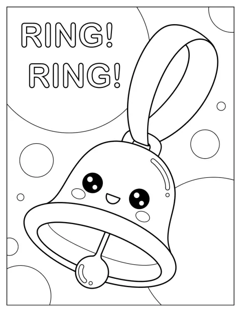 En glad klocka med rosett omges av bubblor och säger ”ring ring”.